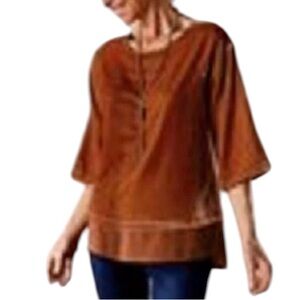 Soft Surroundings M Gisella Crush Velvet Top Sienna Burnt Orange Rust 3/4 Sleeve